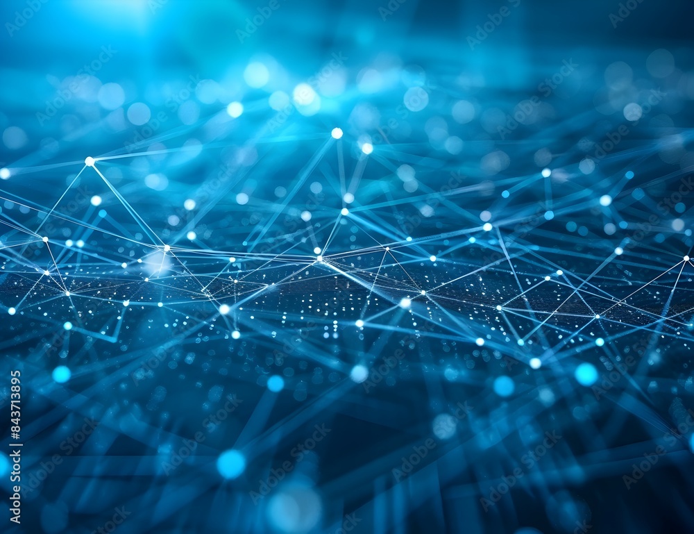 Poster abstract blue background with glowing connections and lines forming a network structure, in the styl