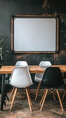 Chairs at a table with a white board