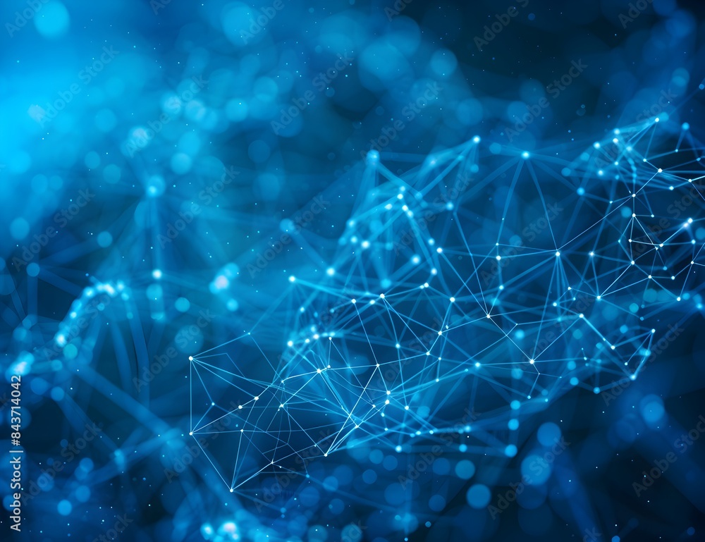 Poster abstract blue background with glowing connections and lines forming a network structure, in the styl