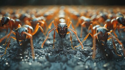 Fototapeta premium Soldier ants protecting their colony, showcasing their defensive behaviors.
