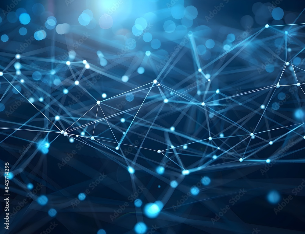 Poster abstract blue background with glowing connections and lines forming a network structure, in the styl
