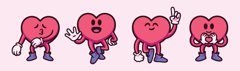 Love heart with different pose set pack collection cartoon character vector illustration icon