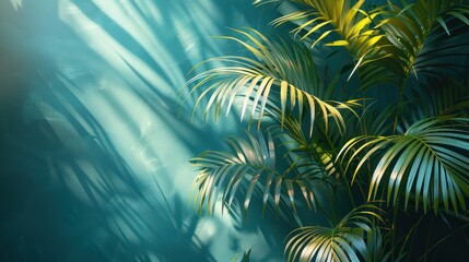 Tropical Palm Fronds Illuminated By Sunlight On A Teal Wall. Generative AI