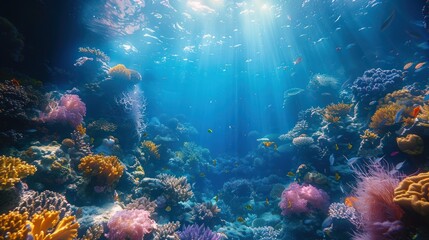 Fototapeta premium A Sunlit Moment in a Vibrant Underwater Coral Reef. Generative AI