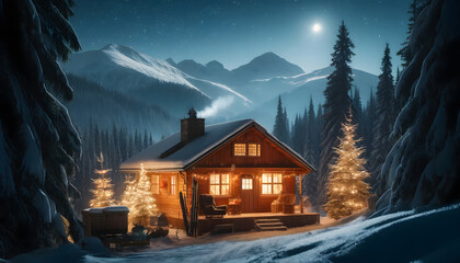 Fototapeta premium Cozy Mountain Cabin in Snowy Winter Wonderland at Night