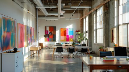 A vibrant and modern office space featuring large windows, colorful artwork, and ample workstations, creating an inspiring and creative environment.