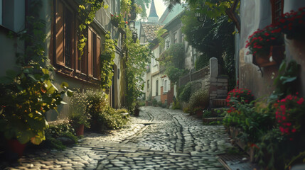 A narrow street with a cobblestone path lined with potted plants and flowers