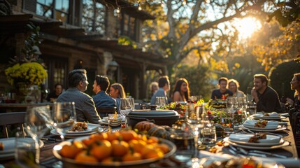 Sunset ambience at an outdoor dining event with people enjoying a meal surrounded by nature