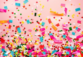 Obraz premium Colorful confetti falling on pink background with heart-shaped decorations. Romantic Valentine celebration with vibrant atmosphere. Perfect for love-related events, and cheerful holiday greetings