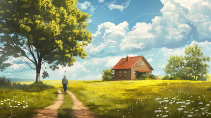 Obraz premium A man walks down a dirt road in front of a house