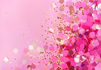 Colorful confetti falling on pink background with heart-shaped decorations. Romantic Valentine celebration with vibrant atmosphere. Perfect for love-related events, and cheerful holiday greetings