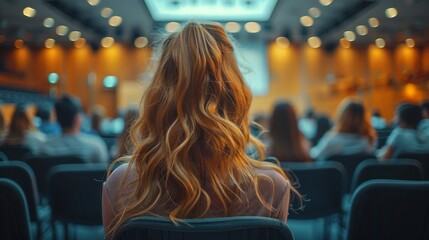 Woman seen from behind watching a conference in a room full of attendees