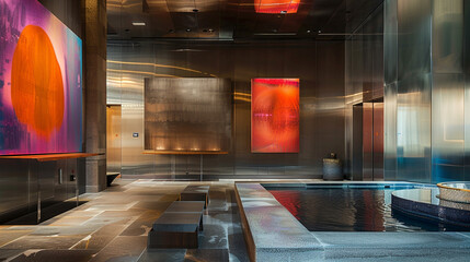An upscale lobby featuring sleek metallic finishes, abstract art pieces, and a serene water feature.