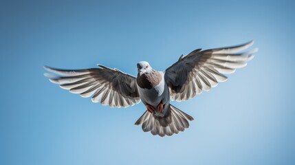 Obraz premium A captivating photo of a pigeon in flight, its wings outstretched and feathers ruffled by the wind, captured in a dynamic pose against a clear blue sky.