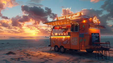 Illuminated Food Truck on Sandy Beach at Sunset