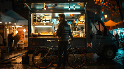 Man Standing Near Food Truck at Night