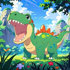 A happy green cartoon dinosaur holds a flower