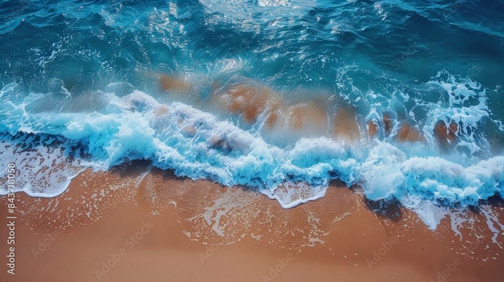 Poster top-down view of crystal clear blue waves gently crashing onto a sandy beach, creating beautiful foa
