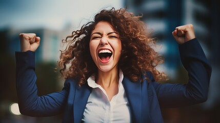 A close-up photo of a mid-aged businesswoman celebrating her achievements, her smile filled with pride and satisfaction.