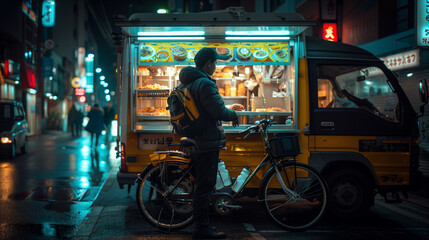 Man Ordering Food From a Food Truck in a Nighttime City Setting