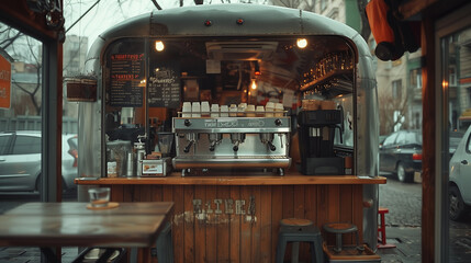 A Modern Coffee Shop Inside a Vintage Trailer in a European City