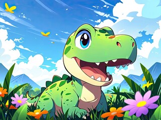 Obraz premium A happy green cartoon dinosaur holds a flower