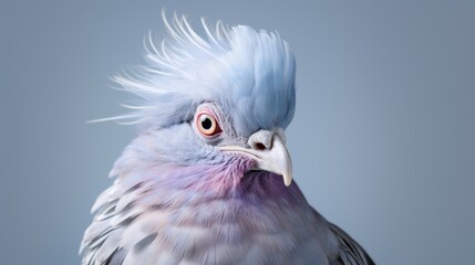 a pigeon's head, with its iridescent feathers and intricate eye details captured in stunning realism, isolated on a clean white background.