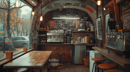 Small Coffee Shop Interior With Barista Equipment and Wooden Tables