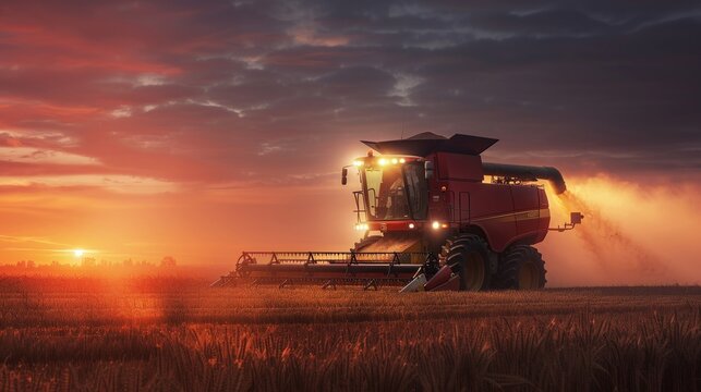Combine harvester machine working in wheat field farm land at night.
