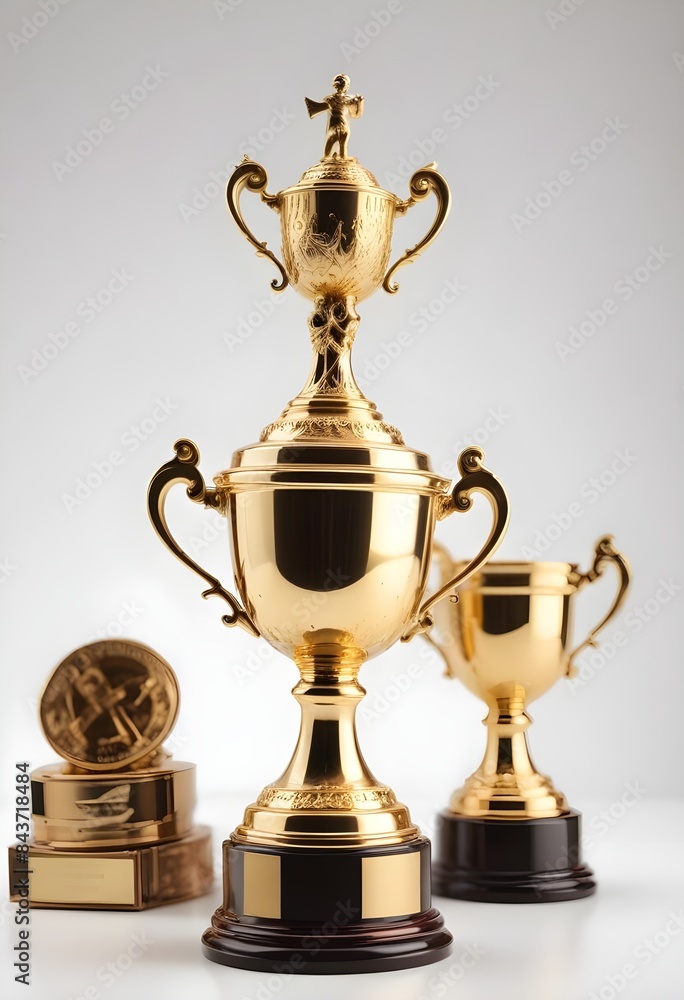 Wall mural Shiny golden sports trophy cup on white background