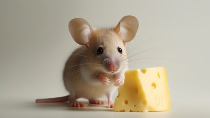 Fototapeta premium a curious mouse sniffing a piece of cheese