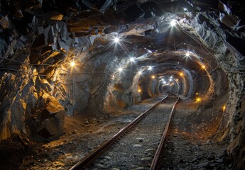 Naklejka premium A network of underground mining tunnels illuminated by bright lights, showcasing the rocky walls and mineral veins