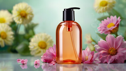A cosmetic bottle with a dispenser stands on a mirror surface against a background of flowers