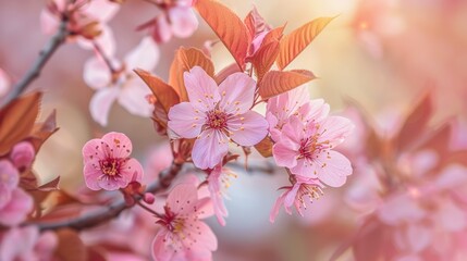 Obraz premium A close-up shot of a blooming cherry blossom branch, highlighting the delicate pink petals and the soft texture of the leaves