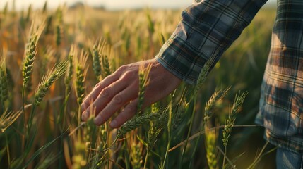 Closeup view of hand touching wheat ear in field.