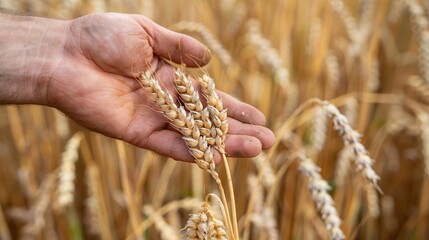Closeup view of hand touching wheat ear in field.
