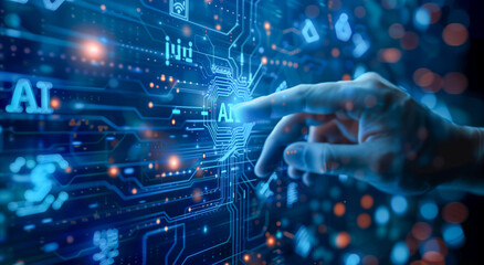 AI concept with icons and circuitry above a hand, representing artificial intelligence in business, on a dark blue background.
