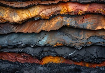 Close-up of coal seams within a mine, showing the stratification and varying colors of the earth layers