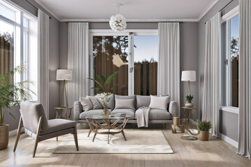 Scandinavian classic kitchen with wooden and white details, minimalistic interior design