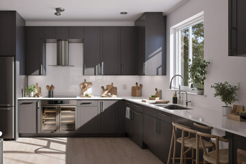 Scandinavian classic kitchen with wooden and white details, minimalistic interior design