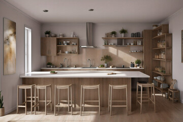 Scandinavian classic kitchen with wooden and white details, minimalistic interior design