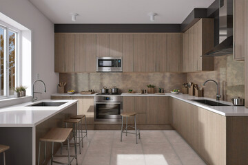 Scandinavian classic kitchen with wooden and white details, minimalistic interior design