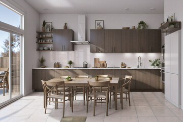 Scandinavian classic kitchen with wooden and white details, minimalistic interior design