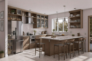 Scandinavian classic kitchen with wooden and white details, minimalistic interior design