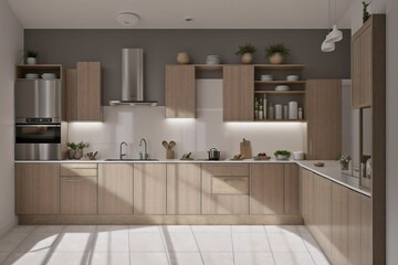 Scandinavian classic kitchen with wooden and white details, minimalistic interior design