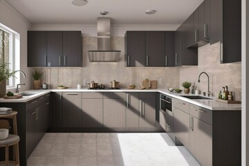 Scandinavian classic kitchen with wooden and white details, minimalistic interior design