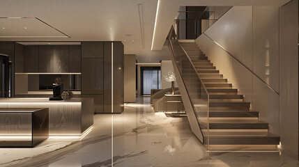 Luxurious hall with contemporary stairs and integrated cabinetry.