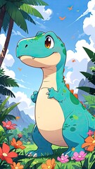 Naklejka premium A happy green cartoon dinosaur holds a flower