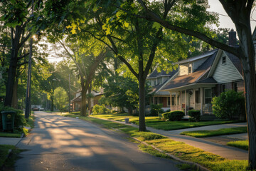 Obraz premium A quiet residential street with houses on both sides of the road