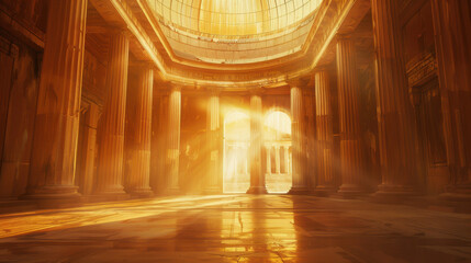 A large, empty room with a golden ceiling and pillars